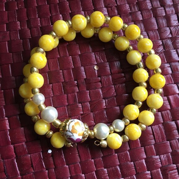 Yellow Beaded Wrap Bracelet with Gold Accents & Floral Focal Bead - Picture 1 of 3